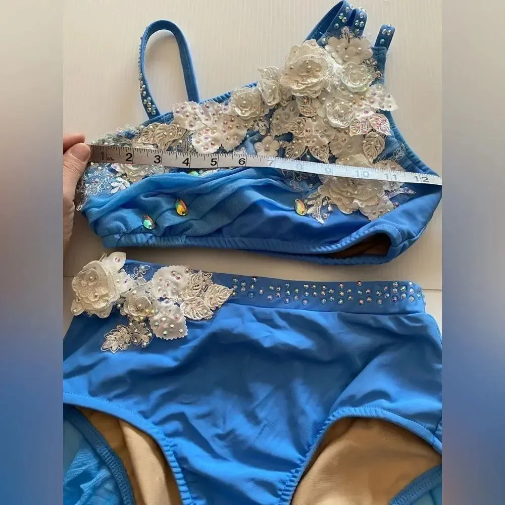Glamour Lyrical Dance Costume Blue Mesh Skirt Floral Rhinestone SA-Small adult